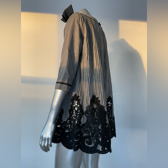 RoccoBarocco blouse Virgin Wool Top Gray bow Black lace insert IT42 us6 - Picture 3 of 10